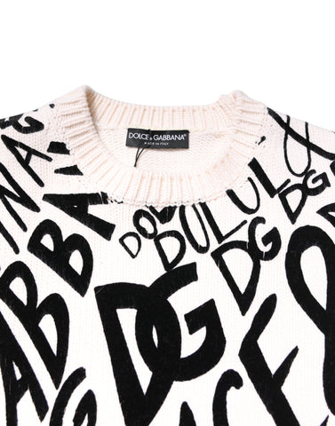 White Black Logo Print Women Pullover Sweater