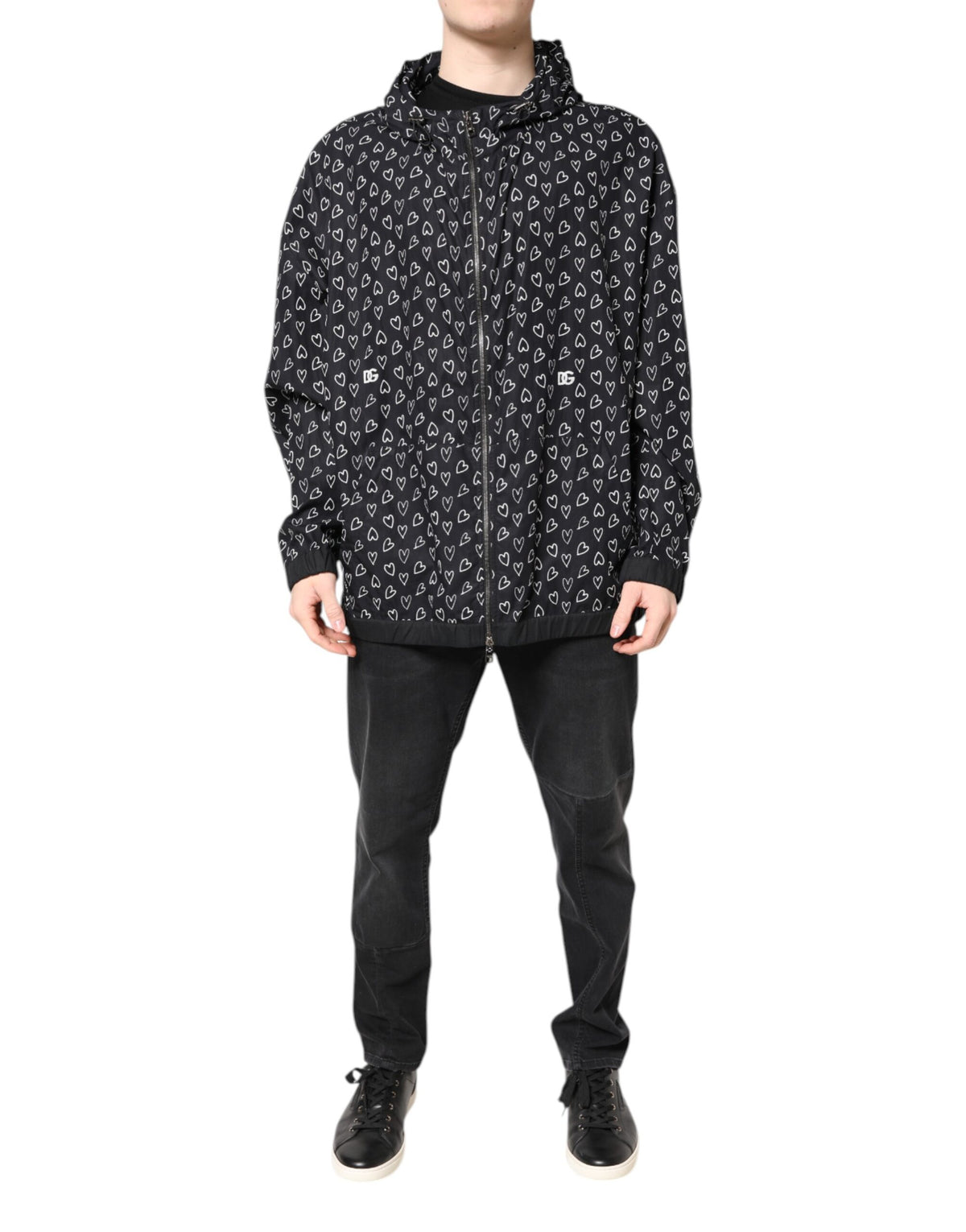 Black Heart Print Hooded Windbreaker Jacket
