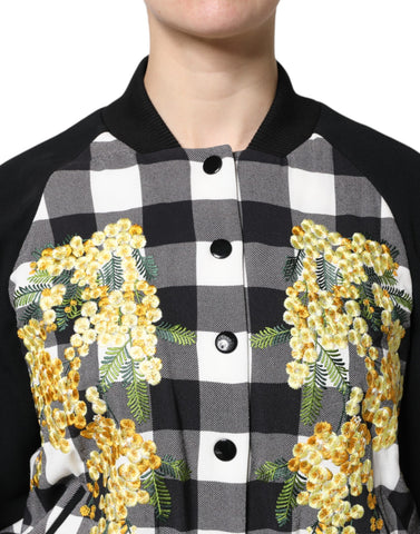 Black White Check Floral Button Down Jacket