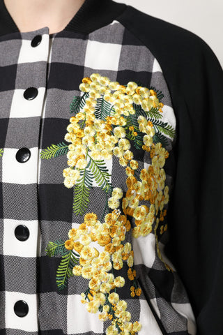 Black White Check Floral Button Down Jacket