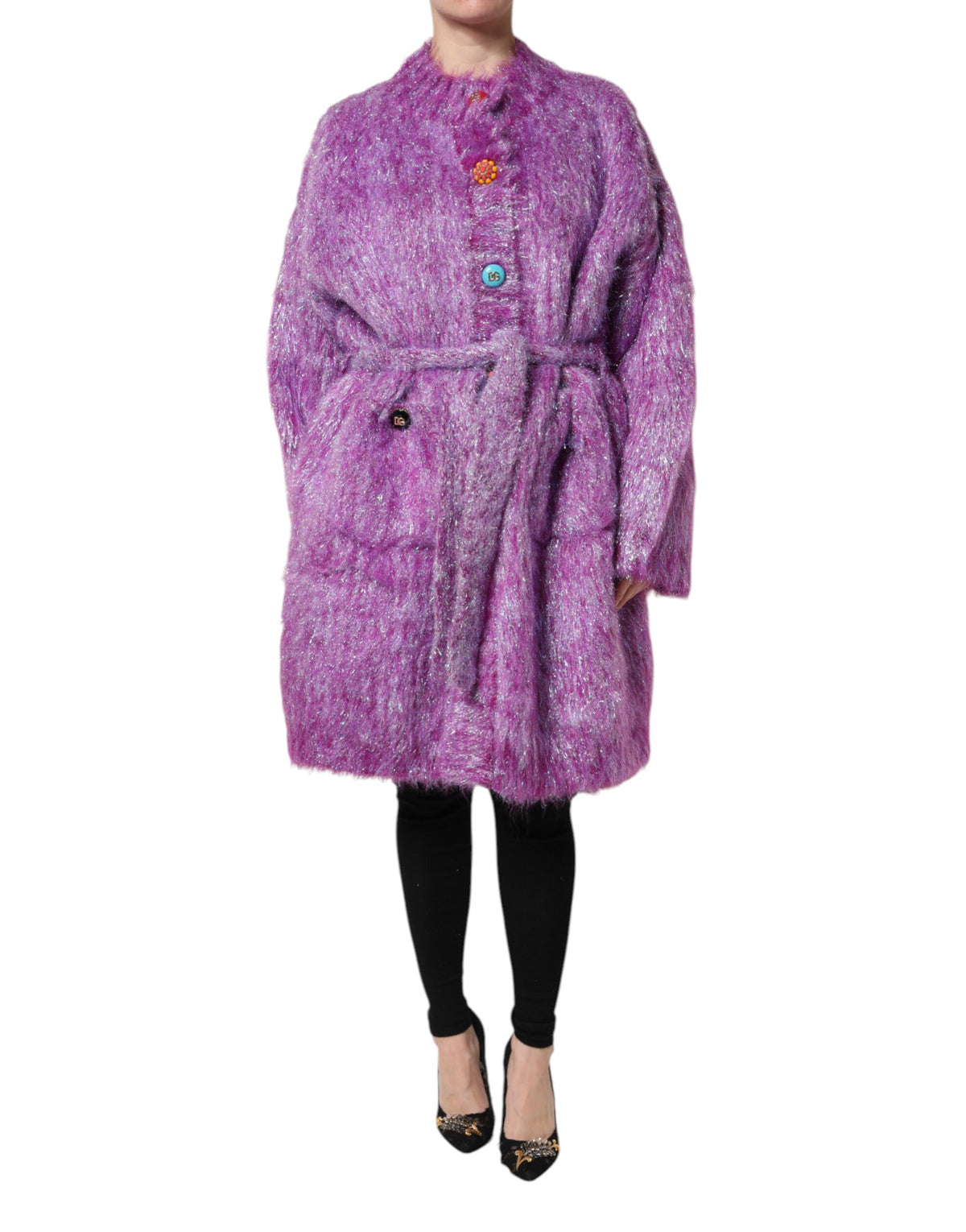 Purple Button Embellished Trench Coat Jacket