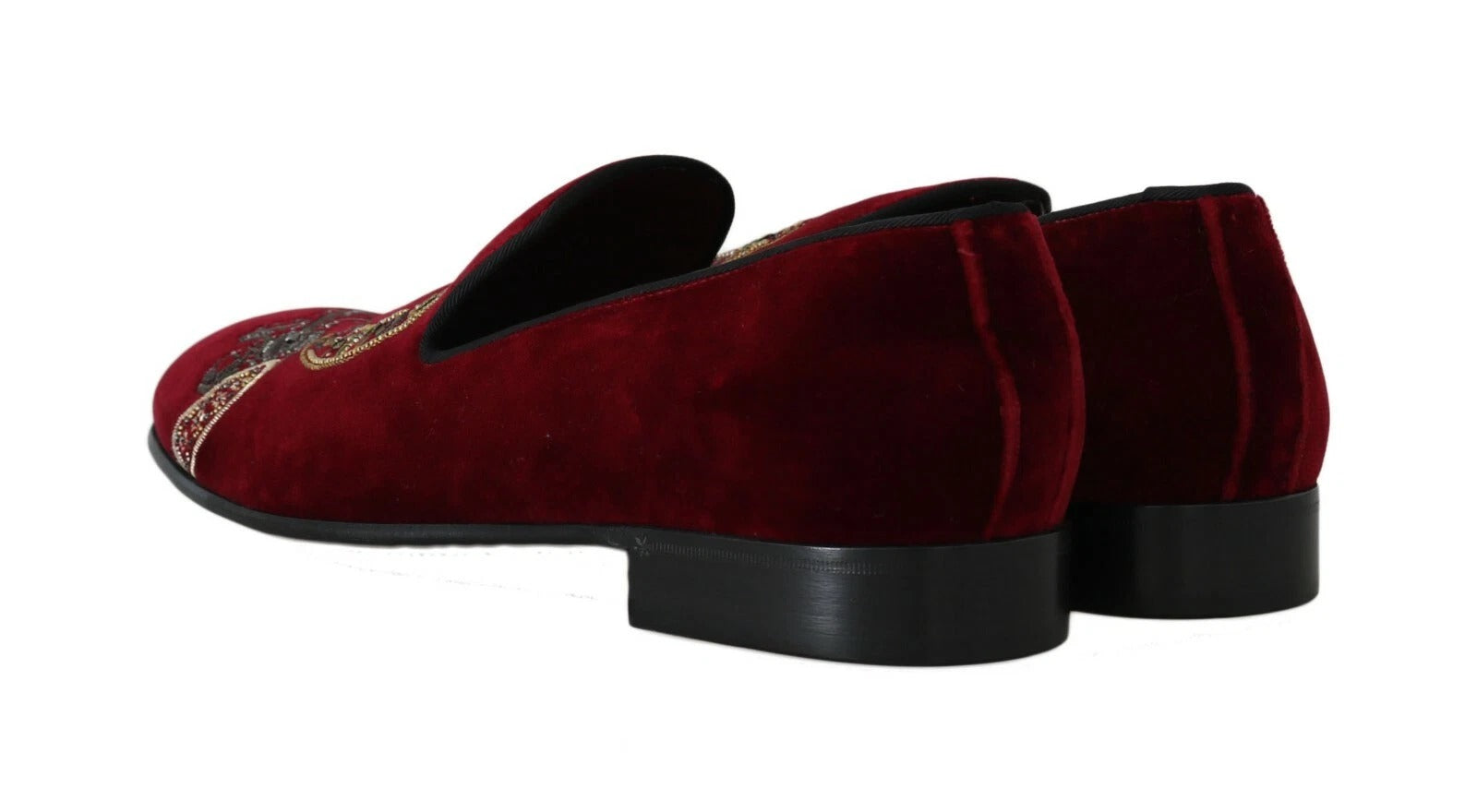 Dolce & Gabbana Bordeaux velvet loafers with gunmetal horsehoe embellishments, stylish men's slip-on shoes.