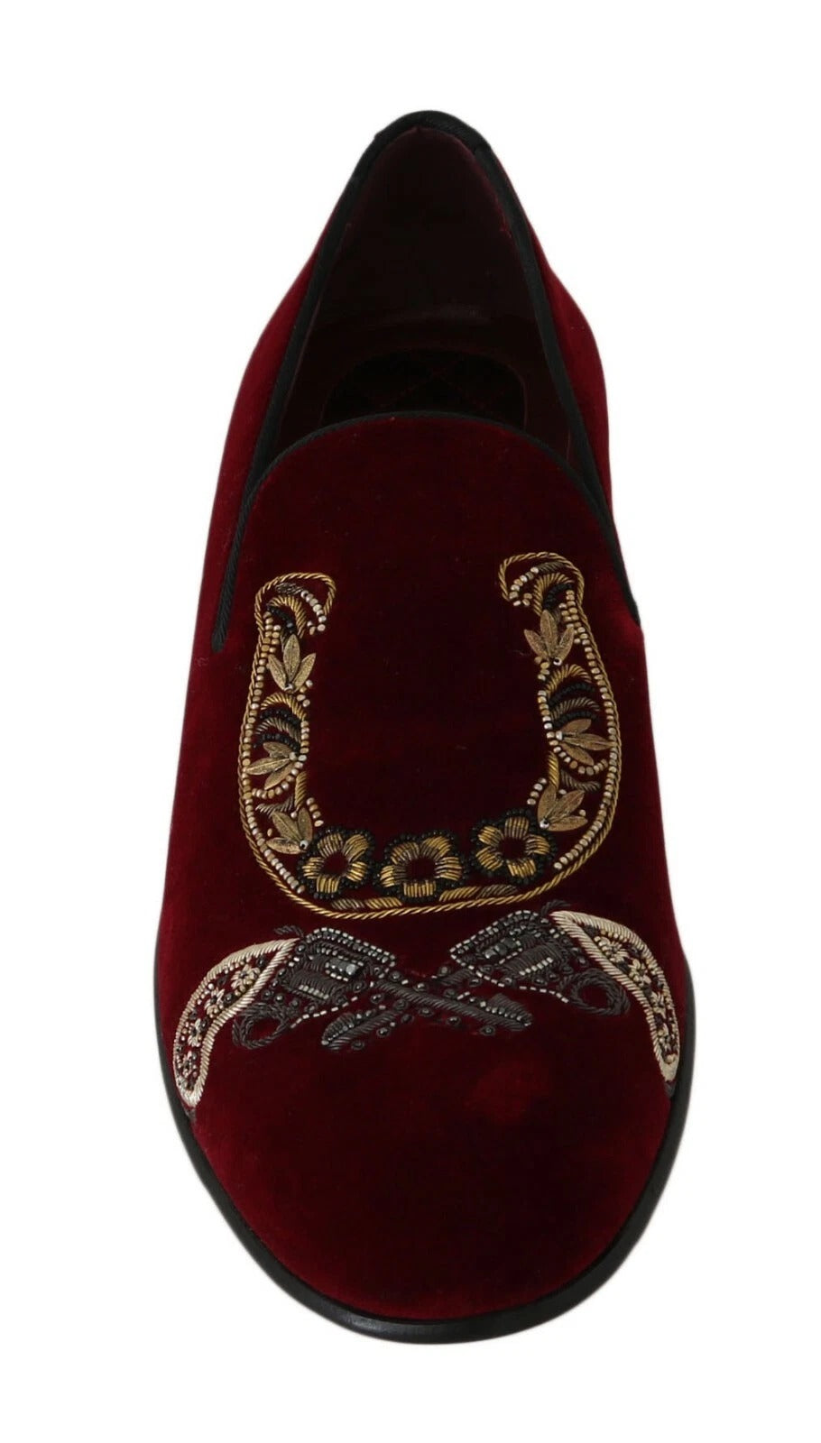 Dolce & Gabbana Bordeaux velvet loafers with gunmetal horseshoe embellishments, stylish slip-on shoes for men.