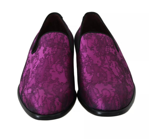 Purple Jacquard loafers dress shoes by Dolce & Gabbana featuring elegant formal design and intricate woven pattern.