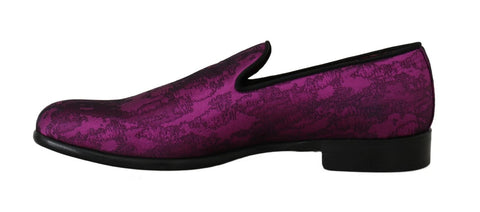 Purple jacquard loafers dress shoes by Dolce & Gabbana, formal slip-on footwear with intricate woven pattern and sleek design.