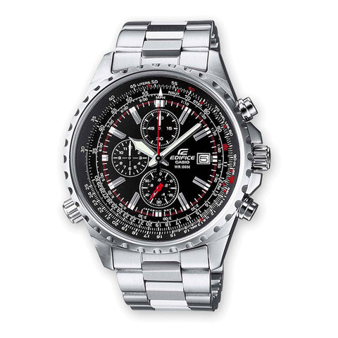 Casio X093 EF-527D-1AVEF wristwatch with stainless steel band and black dial, featuring multiple chronograph subdials.