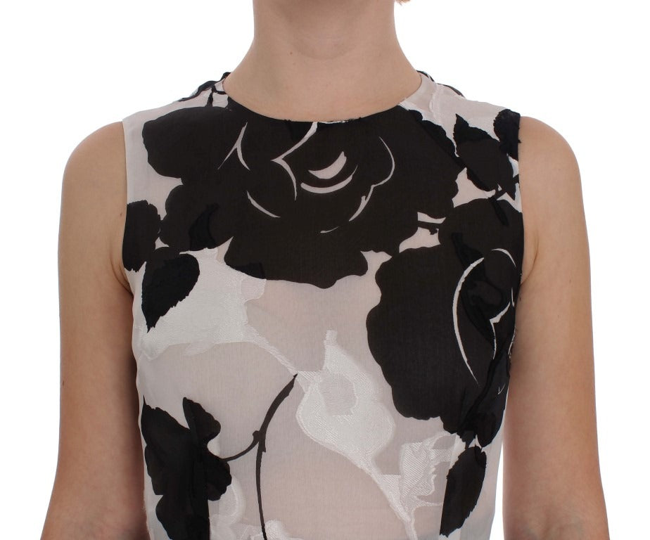 Black White Floral Silk Sheath Gown Dress