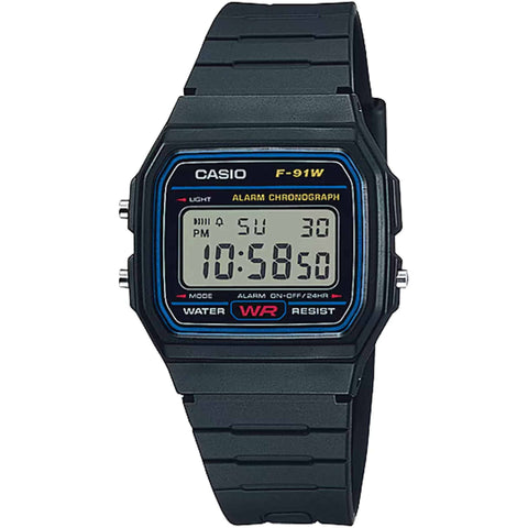 Casio F-91W-1YEG digital watch with black resin strap and LED display, featuring classic Casio design and brand logo.