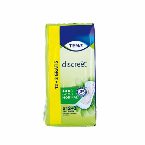 Tena Lady Discreet feminine pads in a box, designed for comfort and discretion, with packaging showing the product and branding.