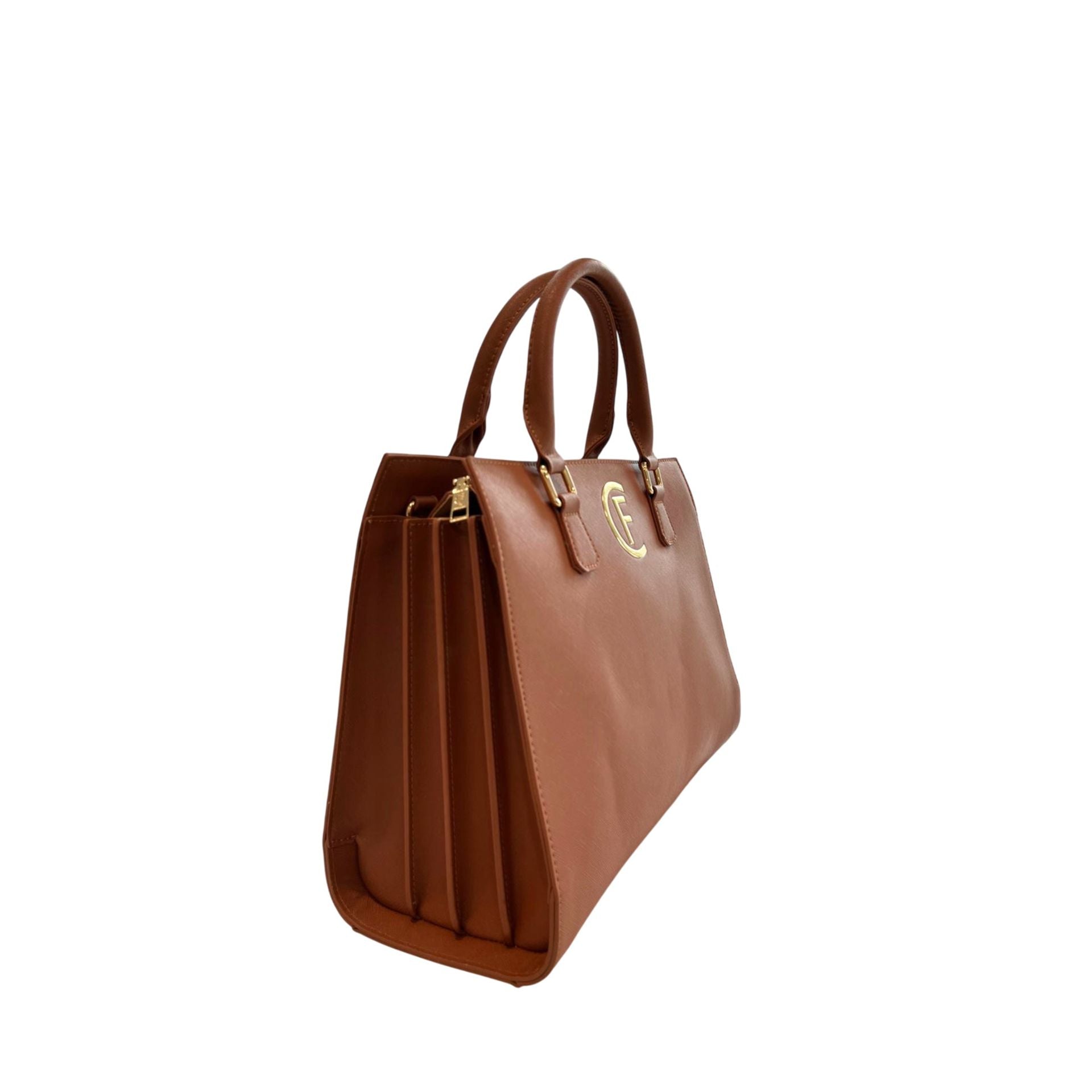 Cristinaeffe CF24FW022_CUOIO from Jag Couture London New York, close-up of the elegant leather handbag with metal hardware.