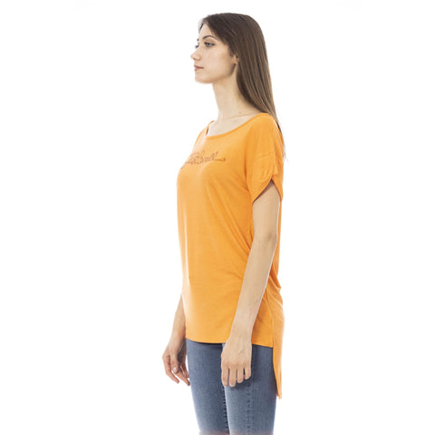 Just Cavalli beachwear D45151GRBC orange swimsuit with bold pattern, displayed on a model for stylish summer beachwear.