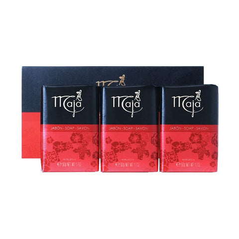 Set of three Maja Soap bars by Jag Couture London, each 50g, featuring elegant packaging and natural ingredients.