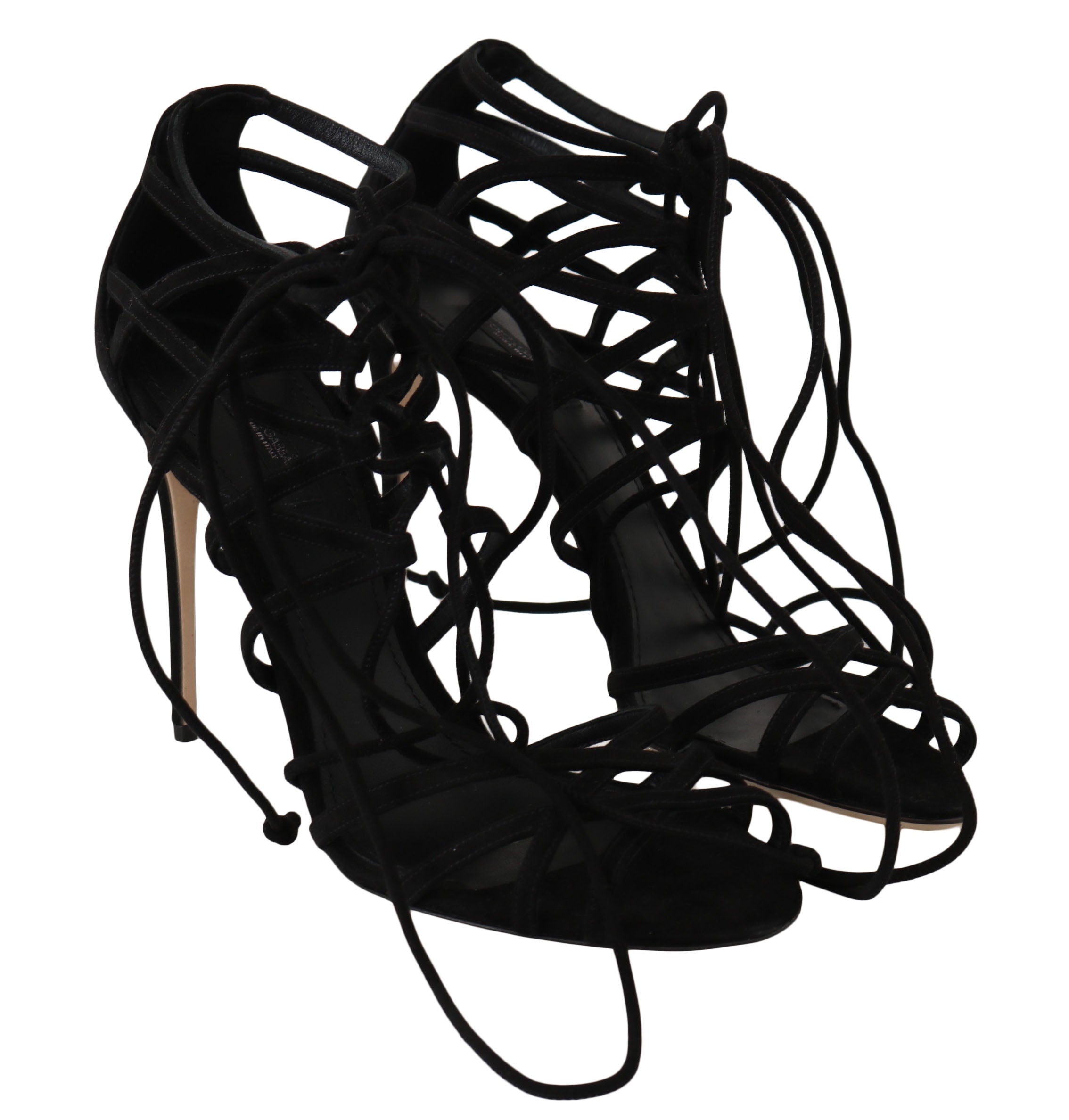 Dolce & Gabbana black suede strap stilettos sandals with high heels and elegant design.