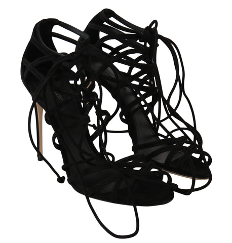 Dolce & Gabbana black suede strap stilettos sandals with high heels and elegant design.