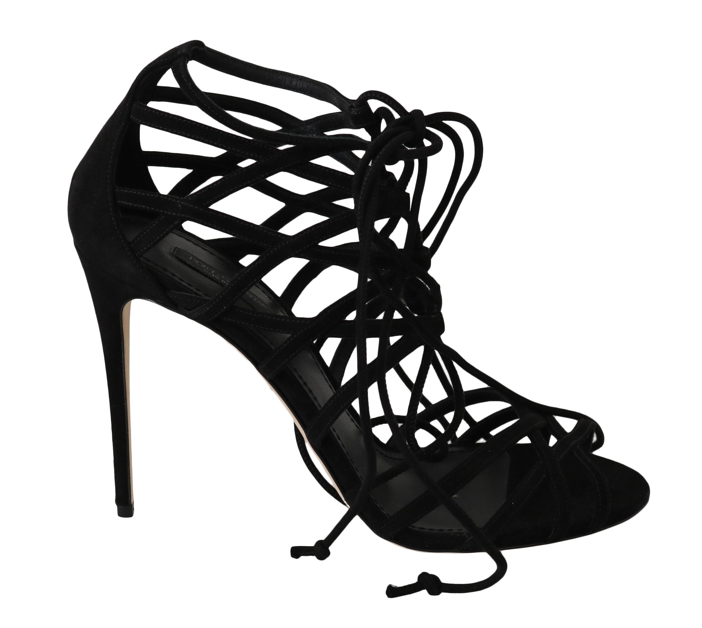 Black suede strap stilettos sandals by Dolce & Gabbana with high heels and elegant design, shown on a plain background.