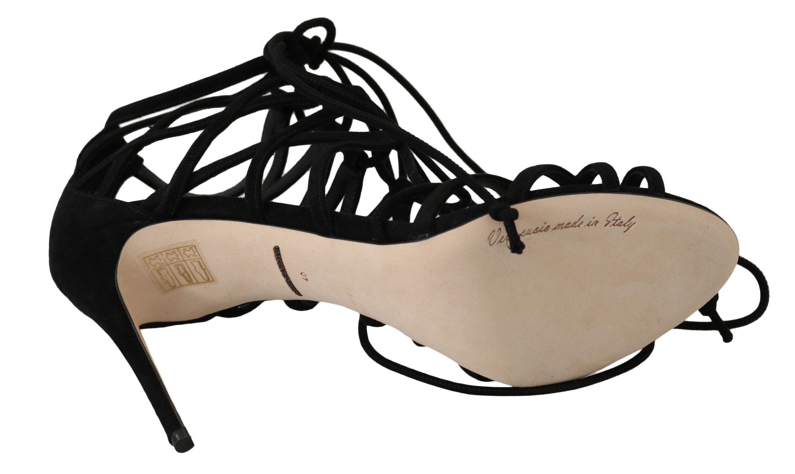 Black suede strap stiletto sandals by Dolce & Gabbana with high heels and sleek design.