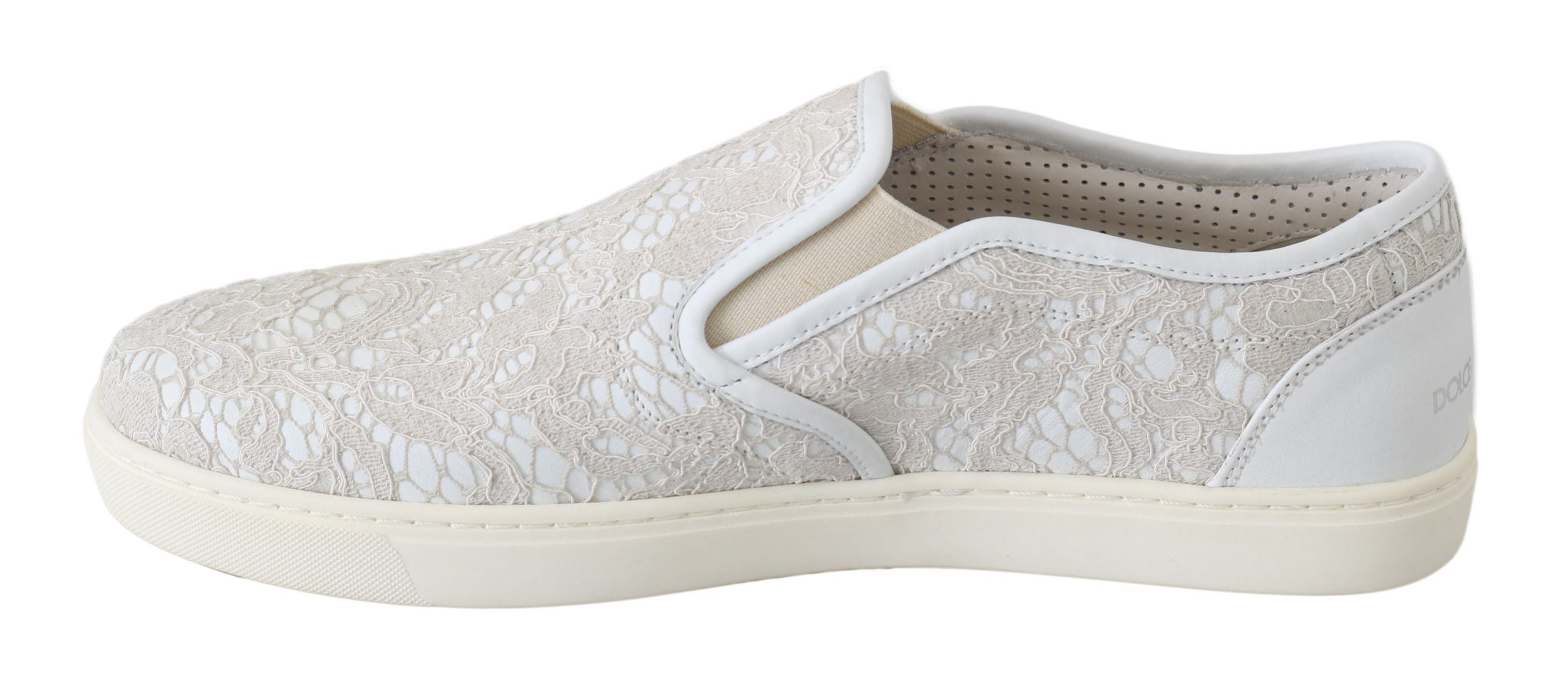 White leather slip-on loafers shoes by Dolce & Gabbana with lace detailing and a sleek, minimalist design.