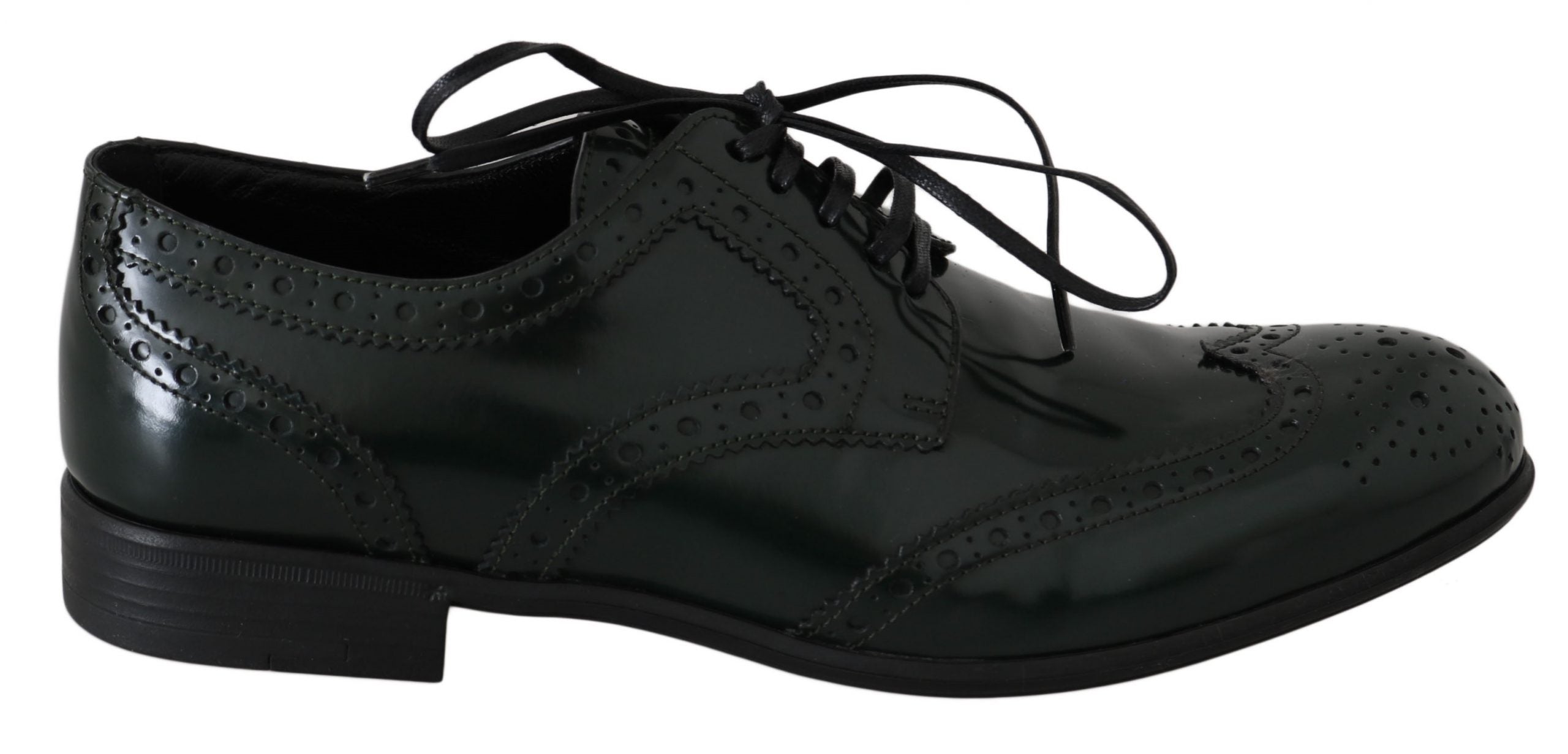 Green leather Dolce & Gabbana brogue Oxford wingtip shoes with detailed perforations and classic lace-up design.