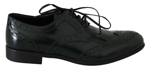 Green leather Dolce & Gabbana brogue Oxford wingtip shoes with detailed perforations and classic lace-up design.