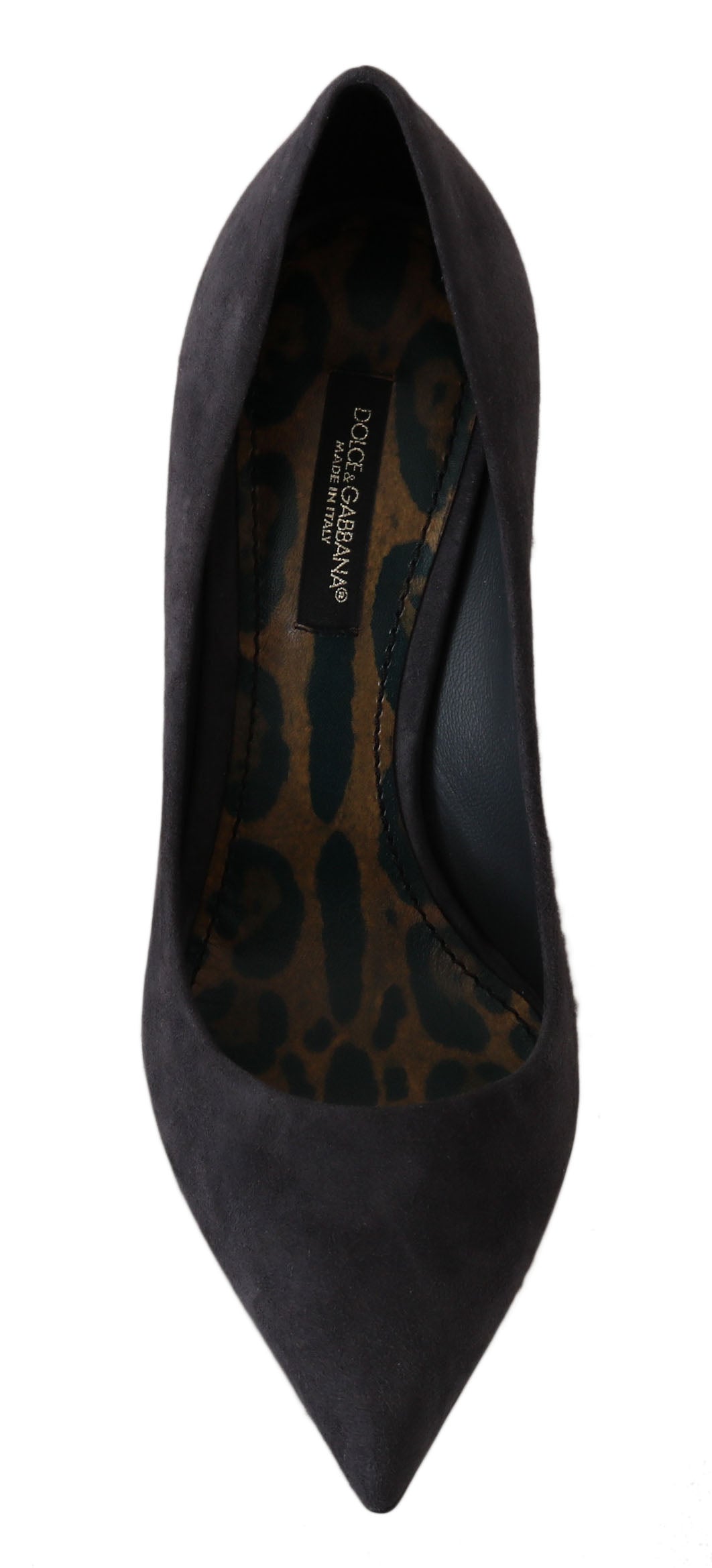 Gray suede leather Dolce & Gabbana stiletto heels with pointed toes and sleek design.