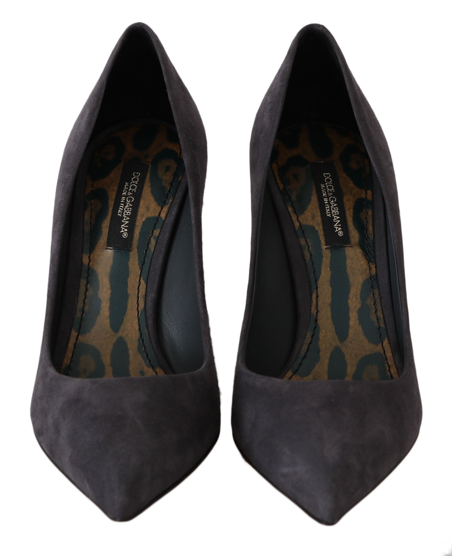 Gray suede leather stiletto heels by Dolce & Gabbana, featuring elegant pointed toes and sleek high heel design.