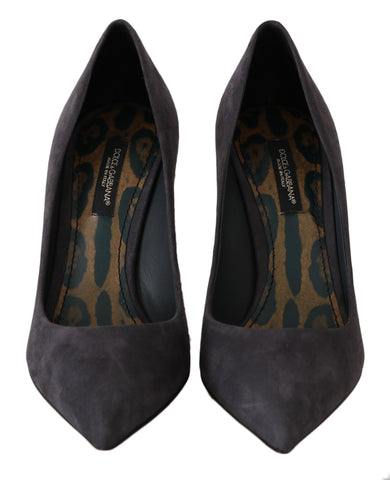 Gray suede leather stiletto heels by Dolce & Gabbana, featuring elegant pointed toes and sleek high heel design.