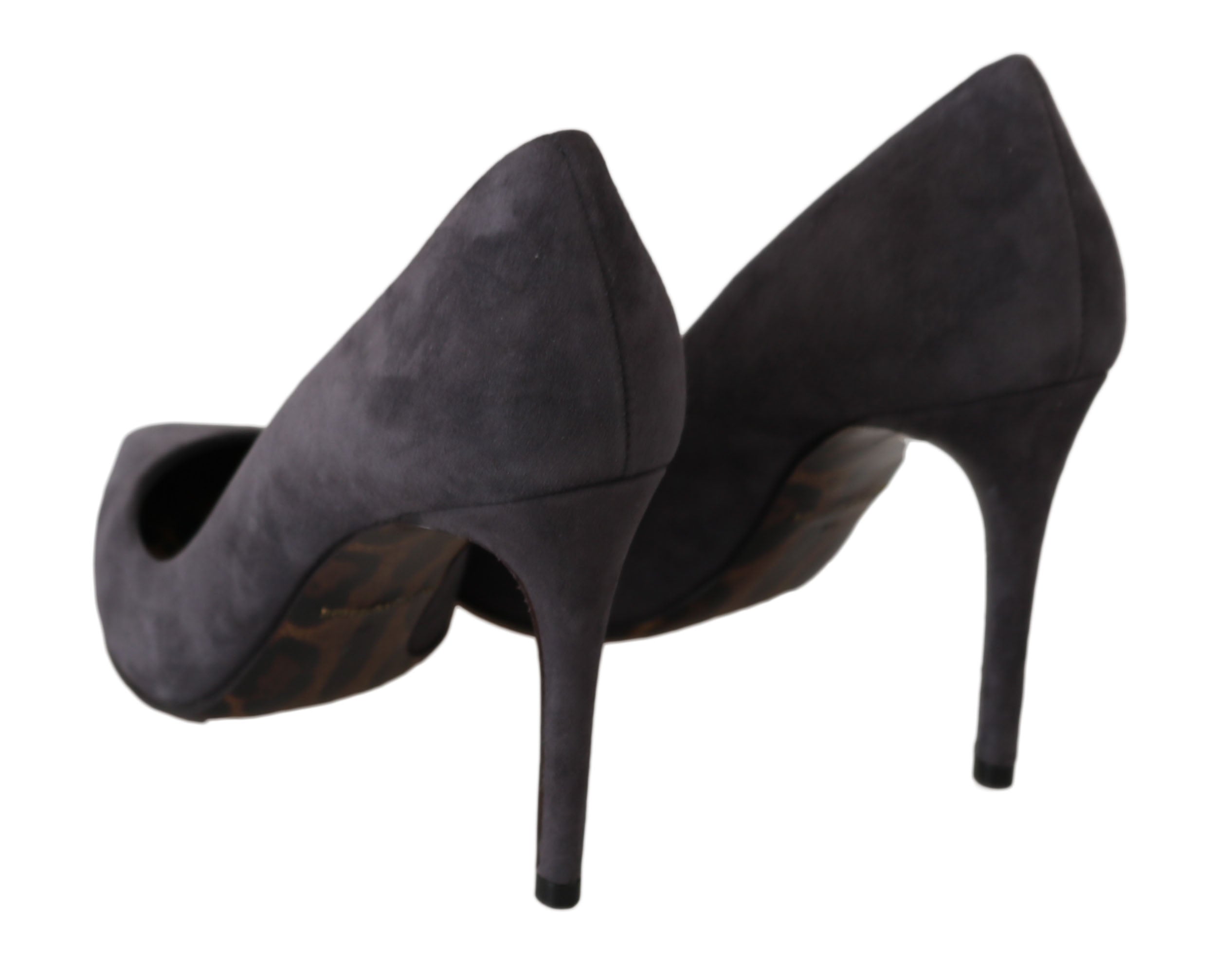 Gray suede leather stiletto heels by Dolce & Gabbana, featuring sleek pointed toes and elegant high heel design.