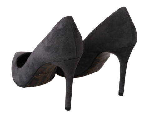 Gray suede leather stiletto heels by Dolce & Gabbana, featuring sleek pointed toes and elegant high heel design.