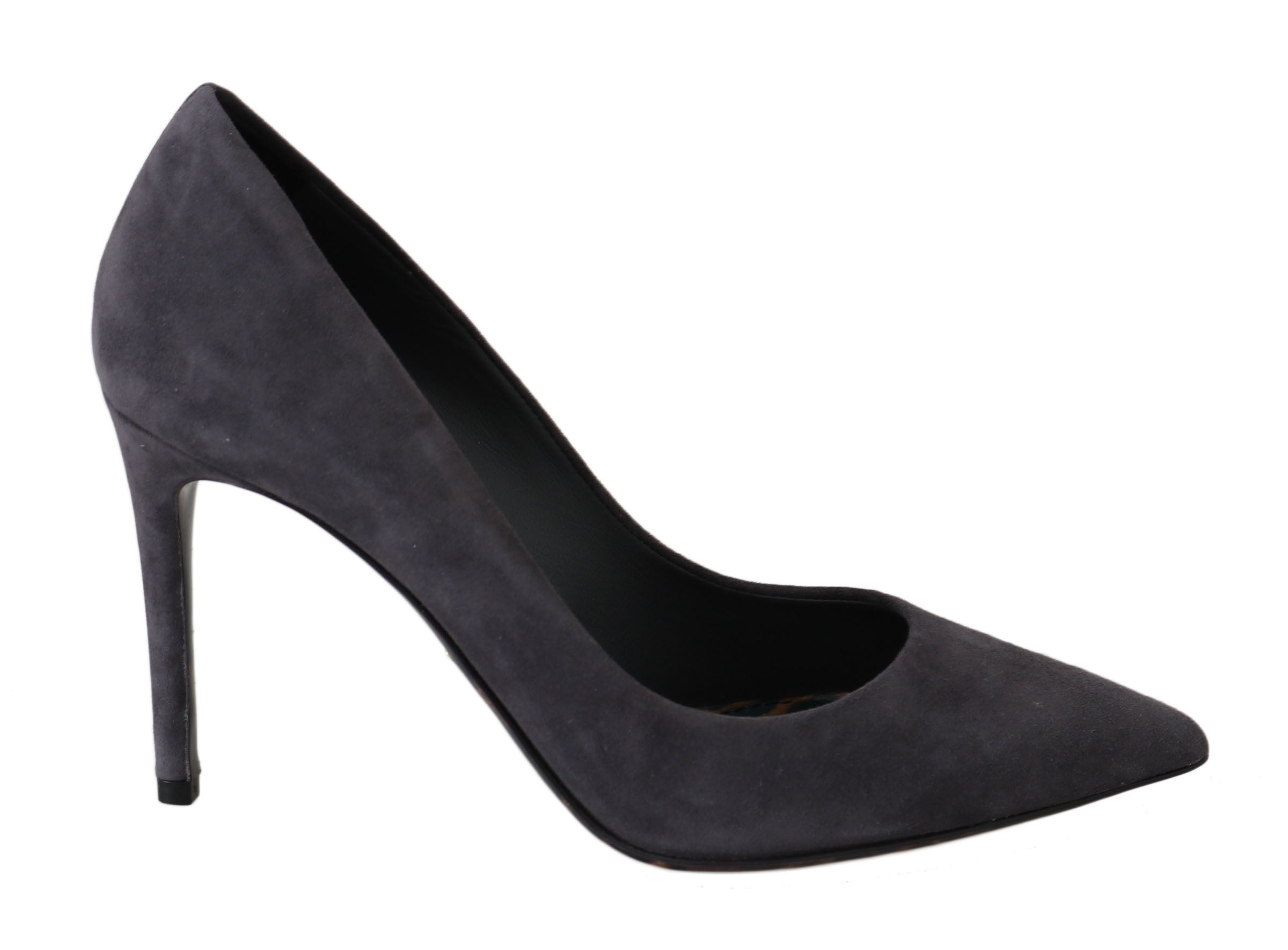 Gray suede leather stiletto heels by Dolce & Gabbana, featuring sleek design and pointed toes.