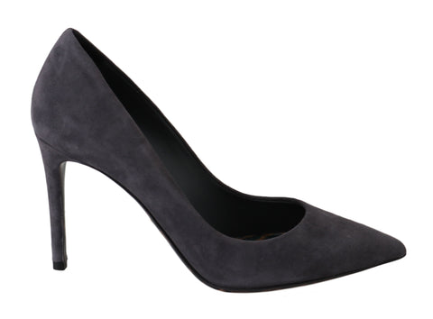 Gray suede leather stiletto heels by Dolce & Gabbana, featuring sleek design and pointed toes.