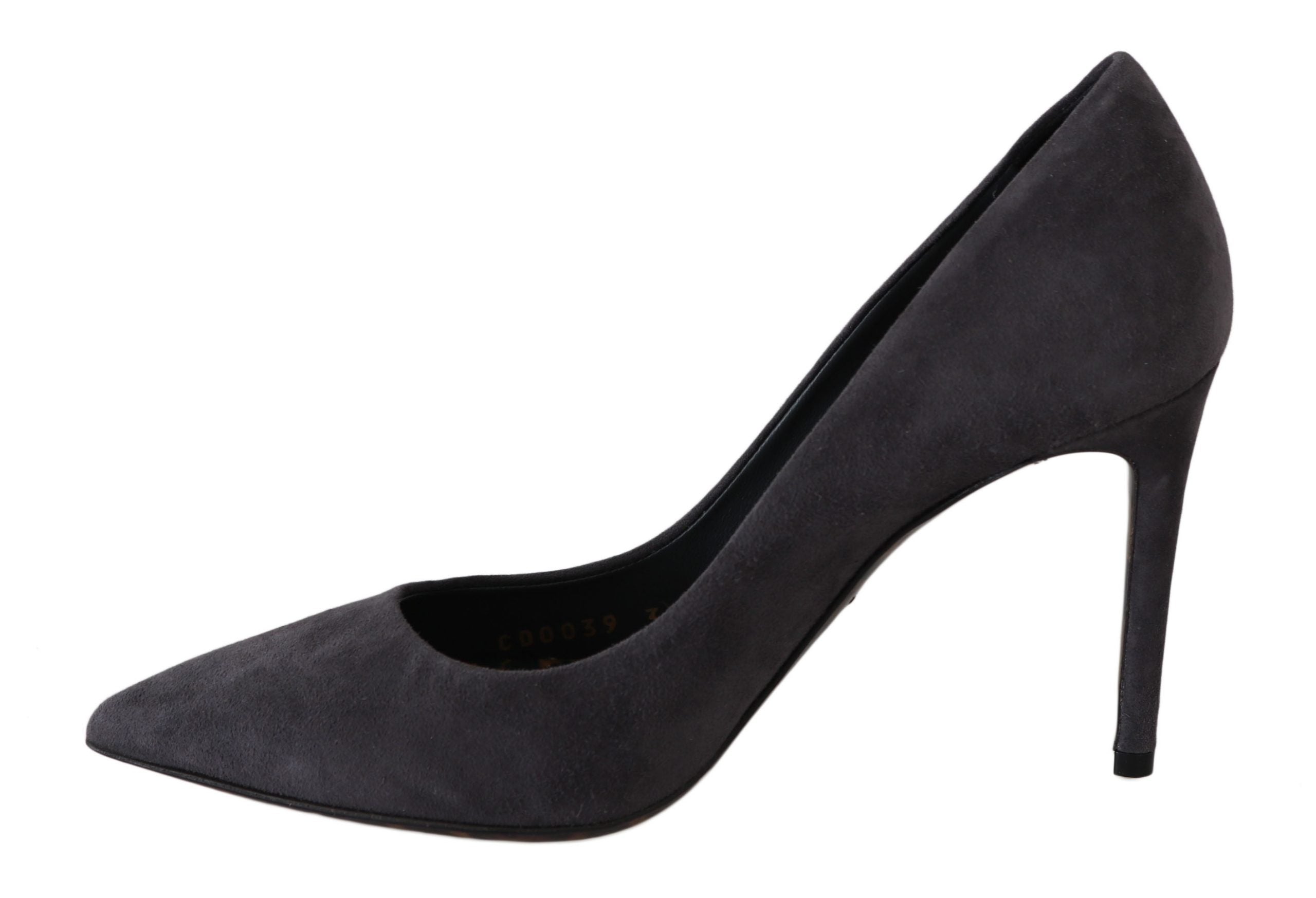 Gray suede leather stiletto heels by Dolce & Gabbana, featuring pointed toes and sleek design on a plain background.