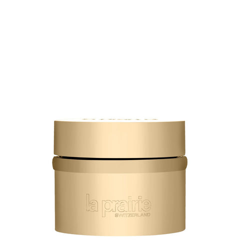 Close-up of La Prairie Pure Gold Radiance Eye Cream jar with gold accents, highlighting the luxurious packaging and product details.