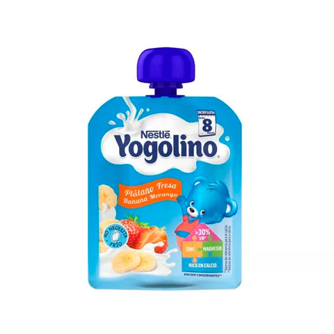 Nestlé Yogolino Banana Strawberry 90g yogurt cup with colorful fruit packaging, featuring a smooth yogurt texture and fruit images.