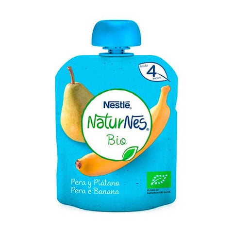 Nestlé Naturnes Bio pear and banana baby food in a 90g bag, with fresh fruit slices visible.
