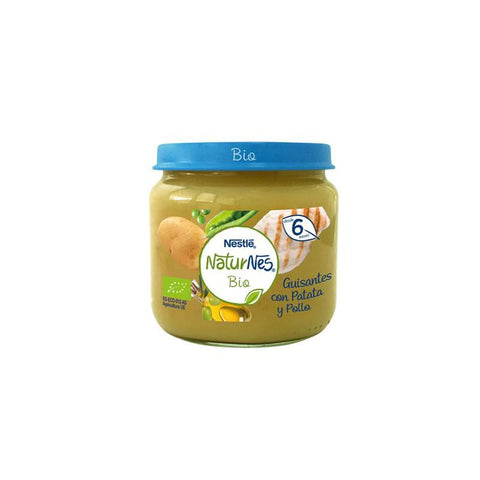 Nestlé Naturnes Bio 200ml organic baby food bottle with colorful label and cap, featuring natural ingredients and branding.