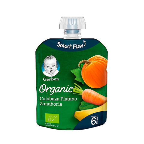 Gerber Organic Pumpkin Banana Carrot baby food jar from Jag Couture London New York, 90g with colorful label and lid.