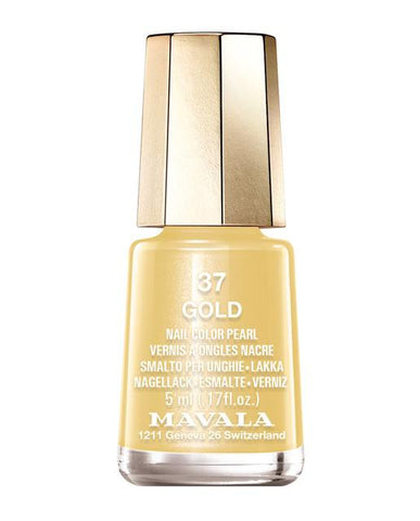 Mavala Laca de Uñas N°37 Gold nail polish bottle from Jag Couture London - New York, with gold-colored nail polish inside.
