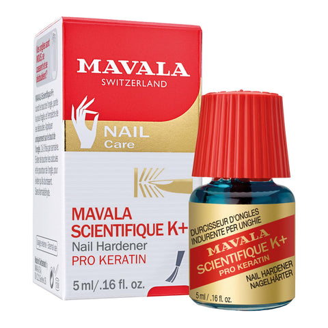 Mavala Scientifique K+ Nail Hardener in 5ml bottle, clear formula for strengthening and hardening nails.