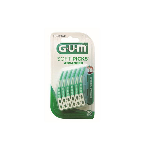 Gum Soft-Picks Advanced Regular soft dental picks in a pack of 30, designed for gentle plaque removal and gum care.