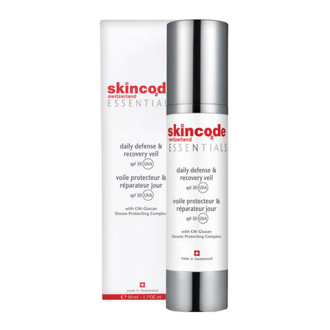 Skincode Essentials Daily Defense & Recovery Veil SPF30 in 50ml bottle, lightweight facial moisturizer, designed for daily skin protection
