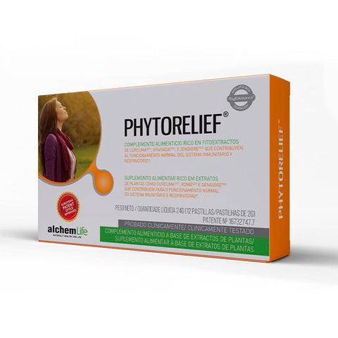 Alchemlife Phytorelief Protect 12 tablets by Jag Couture London - New York, showing the bottle with product label and tablets inside.