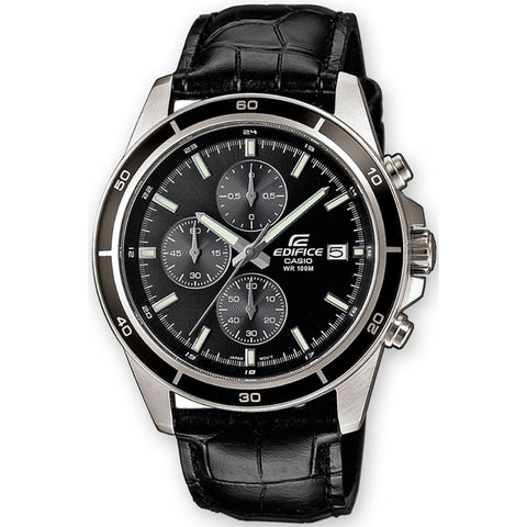 Casio EFR-526L-1AVUEF watch featuring a black dial, stainless steel band, and chronograph design, displayed on a white background.
