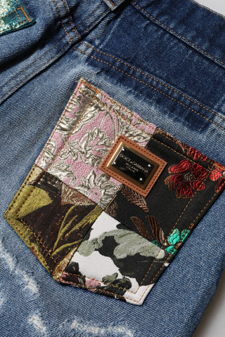Blue Cotton Tattered High Waist Denim Jeans