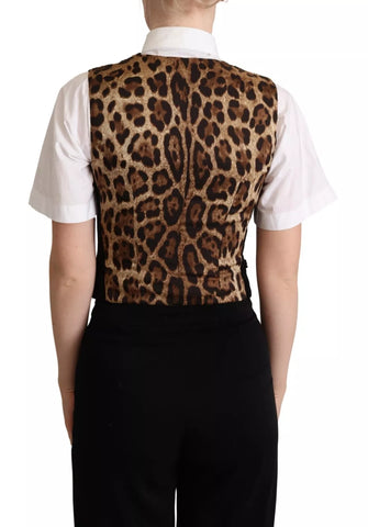 Black and brown leopard print waistcoat vest by Dolce & Gabbana, featuring a tailored fit and stylish animal print design.