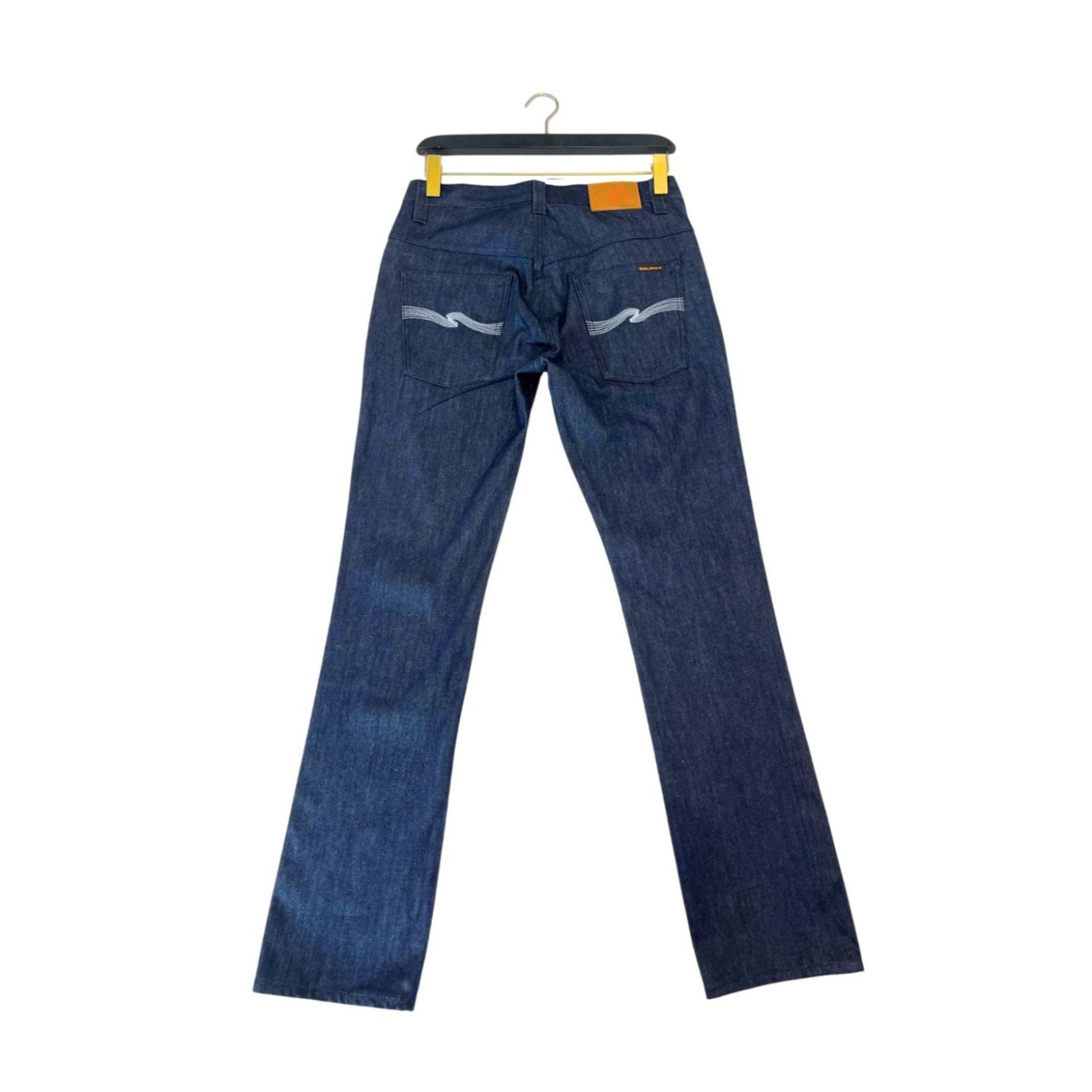 Jag Couture London-New York Nudie Jeans NJ3277 ThinFinn in Blue Navy, slim-fit denim jeans with classic stitching and five-pocket design.