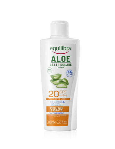 Equilibra Sun Aloe Pro UV F20 sunscreen in a 200ml tube with aloe vera, designed for sun protection and skin nourishment