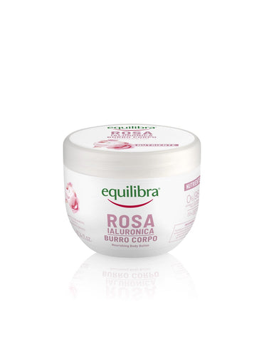 Jag Couture London Rose Hialuron Body Butter jar with pink and white packaging, 300ml size, featuring rose and hyaluronic acid ingredients.