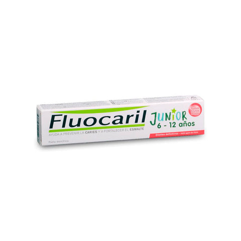 Fluocaril Junior Red Fruit Gel 75ml, a children's toothpaste with red fruit flavor in a tube, from Jag Couture London - New York.