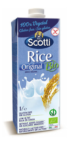 Organic Riso Scotti Bebida Bio Arroz Natural in a 1L bottle, showcasing the natural rice beverage with clear label and transparent bottle.