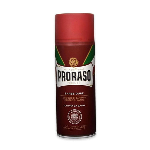 Proraso Barba Dura sandalwood and shea shaving foam in 400ml can, with the product visible in the image.